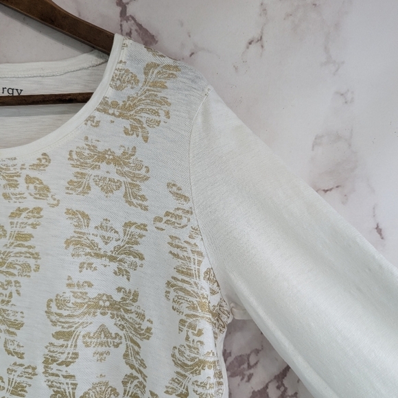 Chicos T Shirt Women Large 2 White Tee V Neck Gold Stamp Printed Quarter Sleeve - Picture 11 of 12